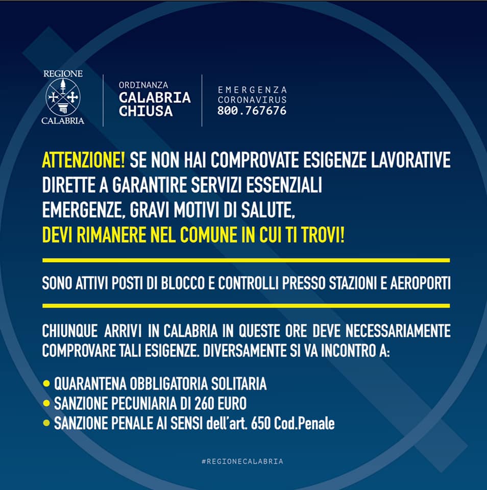 estratto ordinanza Presidente Giunta Regione Calabria 22 marzo 2020